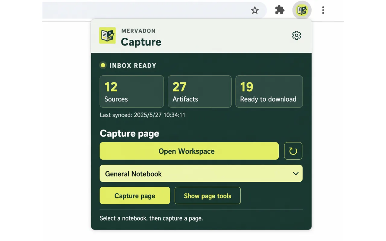 Mervadon extension panel ready to capture a page into a selected NotebookLM notebook
